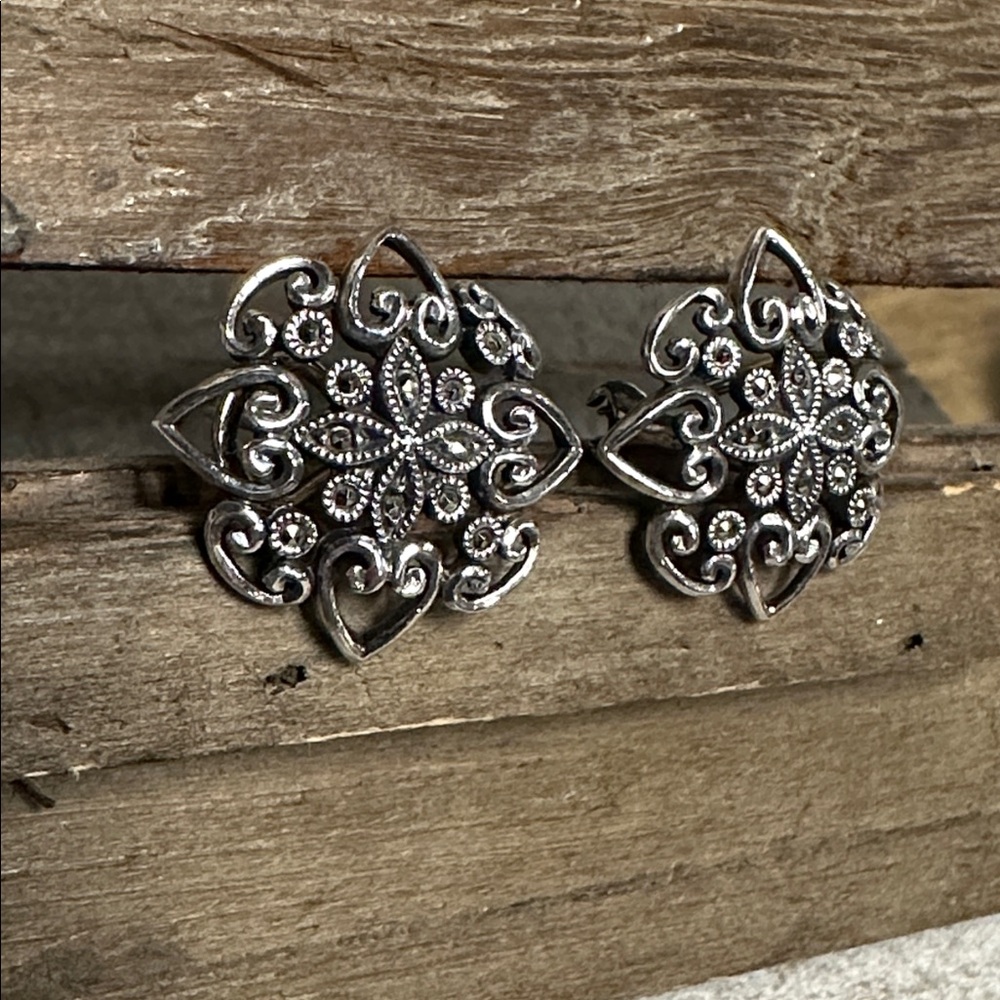 Judith Jack great shape Marcasite sterling silver 925 stamped signed earrings - Picture 2 of 8